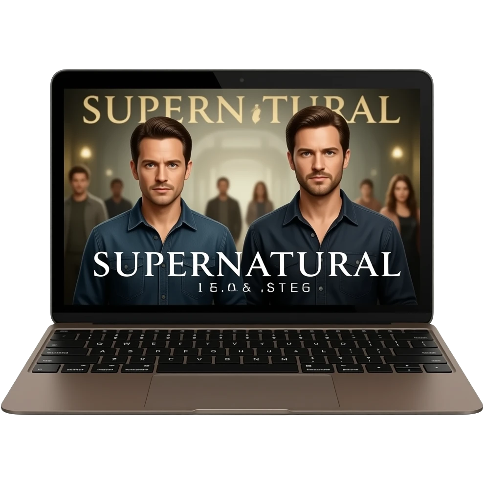 Ультрареалистичный тёмно-коричневый MacBook с заставкой сериала написано «SUPERNATURAL» чуть размазанно верх и вниз, где на заднем фоне  два мужчины дин и сэм винчестеры мужчины они выглядят и одеты так же как в сериале на коричневом фоне emoji