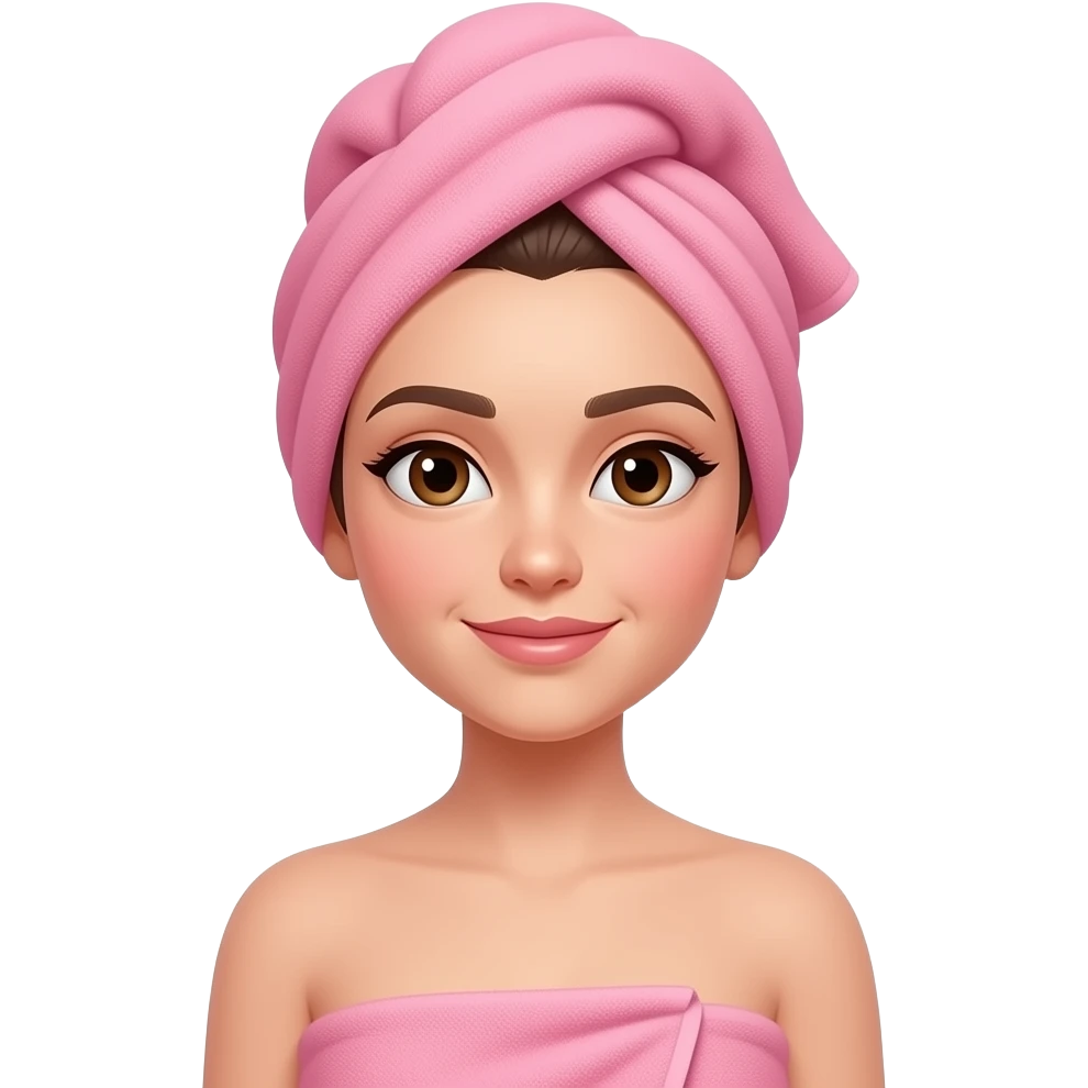 Clean girl influencer character, chest-up portrait, wearing a pink towel wrapped around the head, soft light emoji