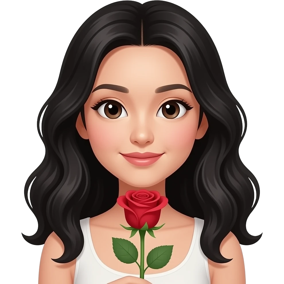 Mujer asiática recibiendo una rosa, que la chica sea piel muy clara, cabello ondulado y negro y con ojos asiáticos emoji