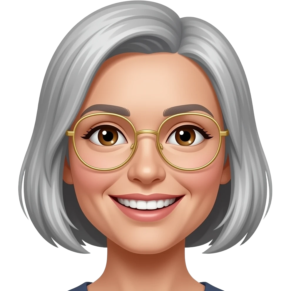 female, salt and pepper hair, bob cut without bangs, gold wire-rimmed eyeglasses, round jawline, chocolate brown eyes, teeth showing emoji