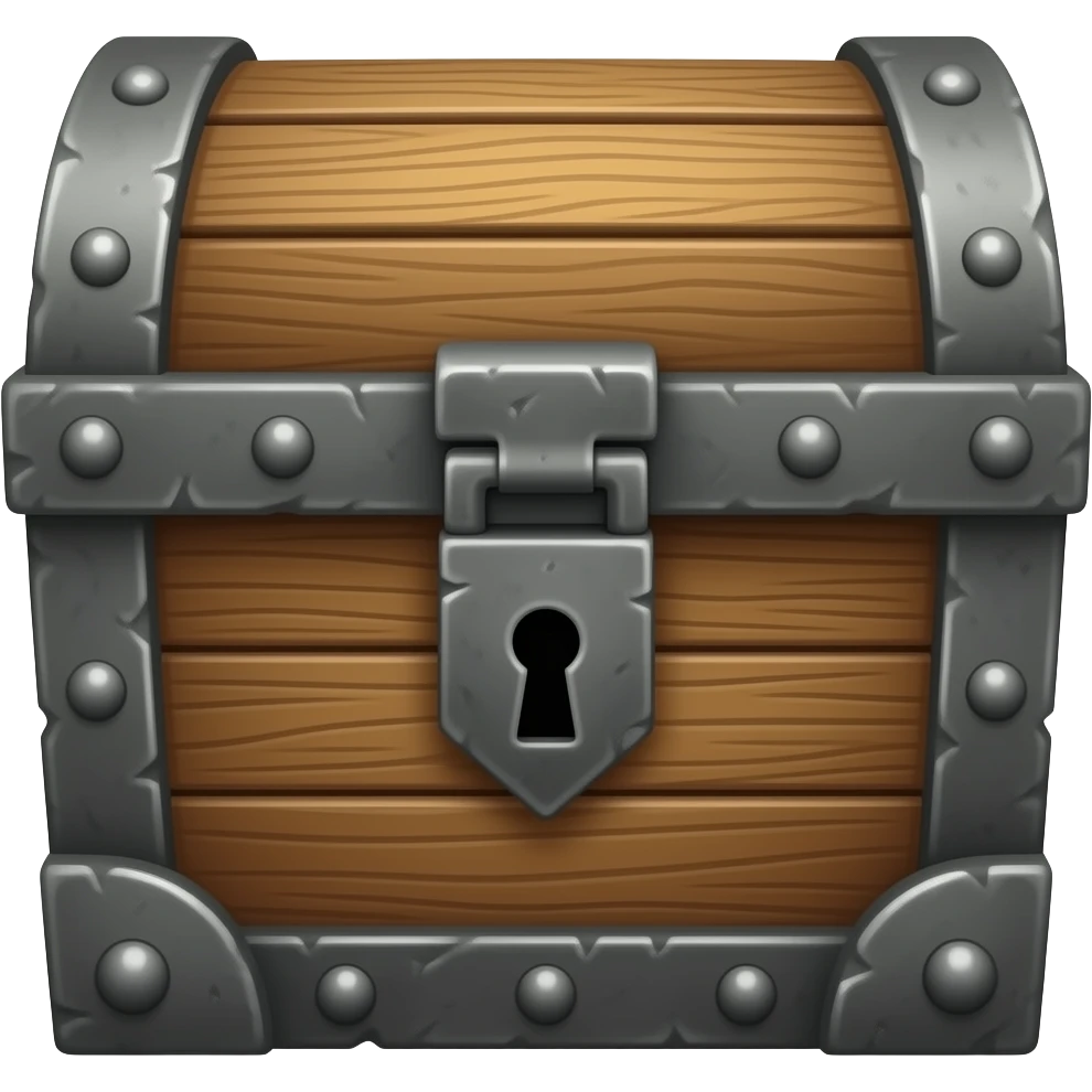 Hyper-realistic, Wooden treasure chest with iron fittings, closed, facing forward emoji