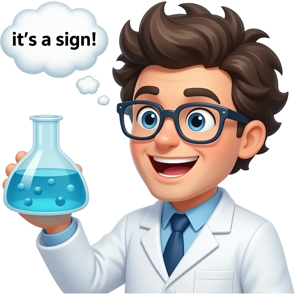 A cartoon scientist in a lab coat looking thrilled with a thought bubble saying "it's a sign!" emoji