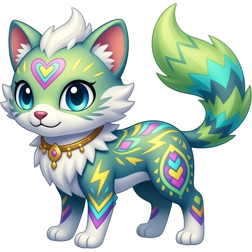 Colorful unique fantasy original shiny smooth soft flurry edgy cool Civet-Absol-Sprigatito-Vaporeon-Fakémon-hybrid with tribal chevron heart floral lightning bolt strikes damask paisley markings emoji