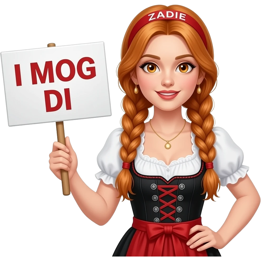 sexy girl with overlong ginger braids and ginger eyes wearing a black red dirndl and a red headband with ZADIE written on it, is holding a sign with I MOG DI written on it emoji