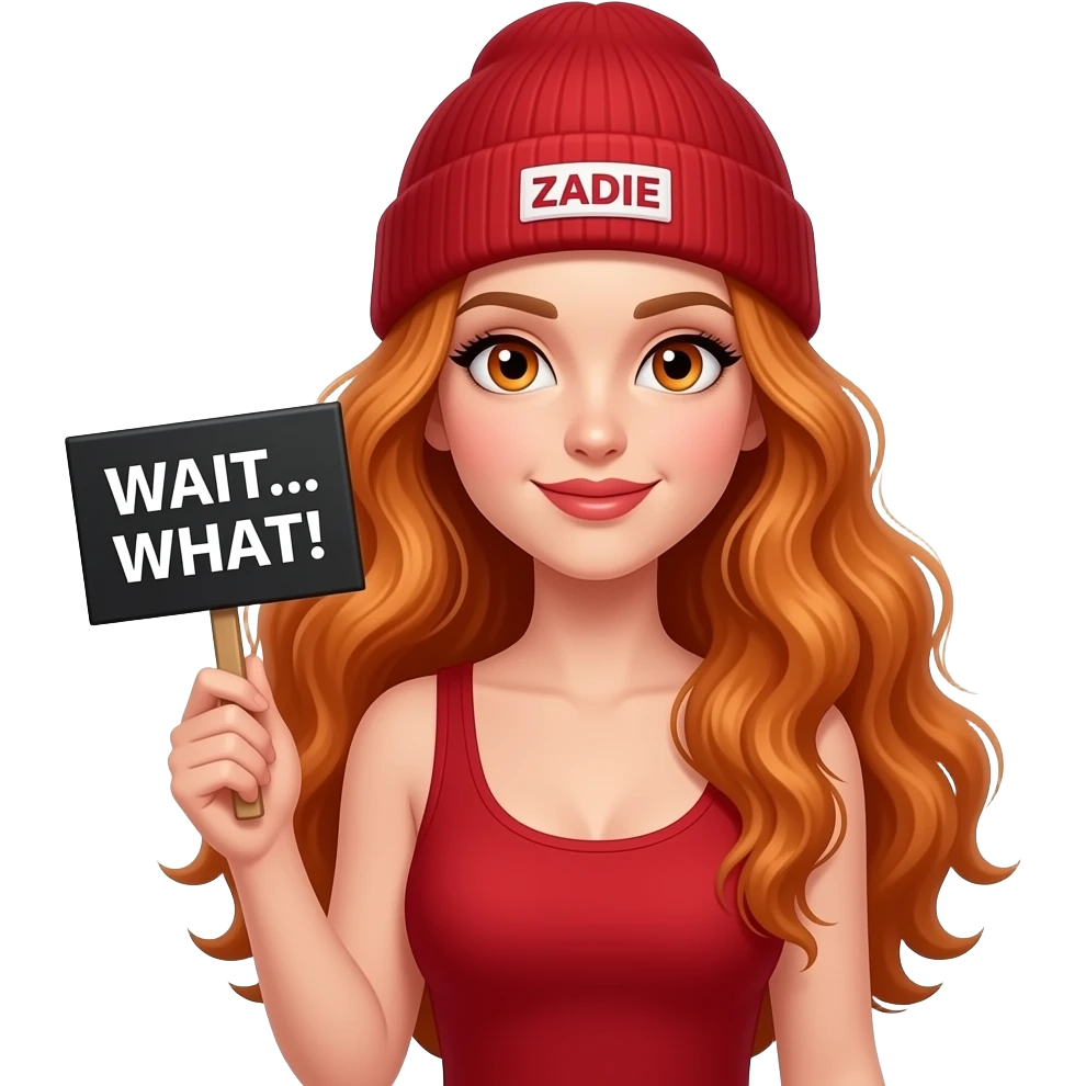 sexy girl with overlong wavy ginger hair and ginger eyes wearing a red tanktop and a red beanie with ZADIE written on it, is holding a black sign with WAIT... WHAT! written on it emoji