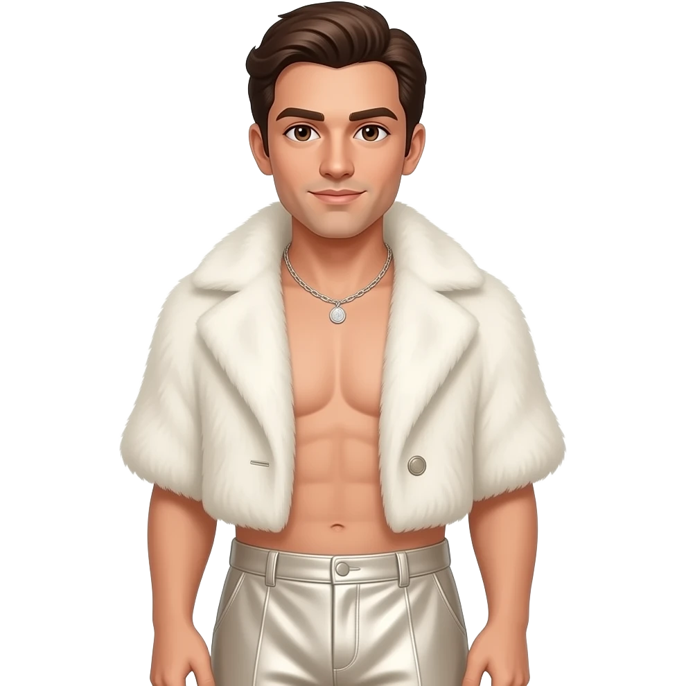 John Saxon with brown eyes, dark brown hair, ivory fur shawl, ivory metallic baggy pants, shirtless with necklace emoji