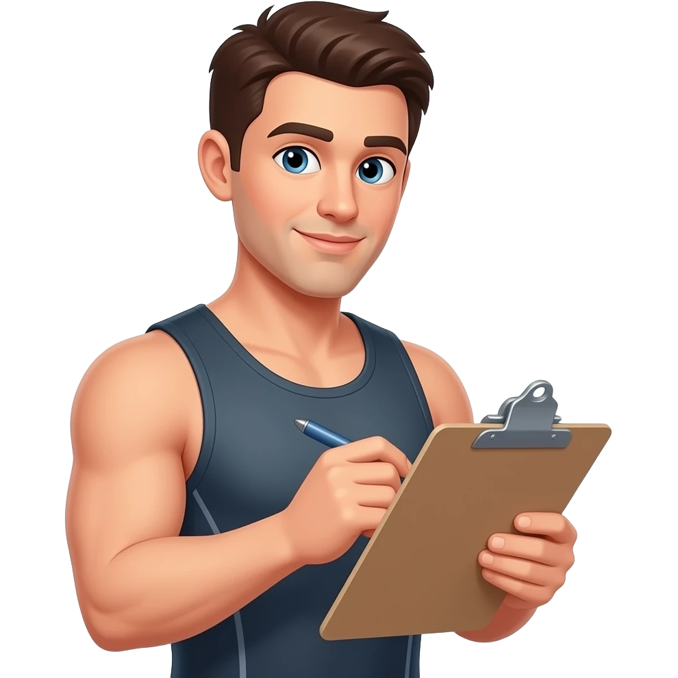 Gym bro holding a clip board close up. As a coach writing down a person running record beige emoji
