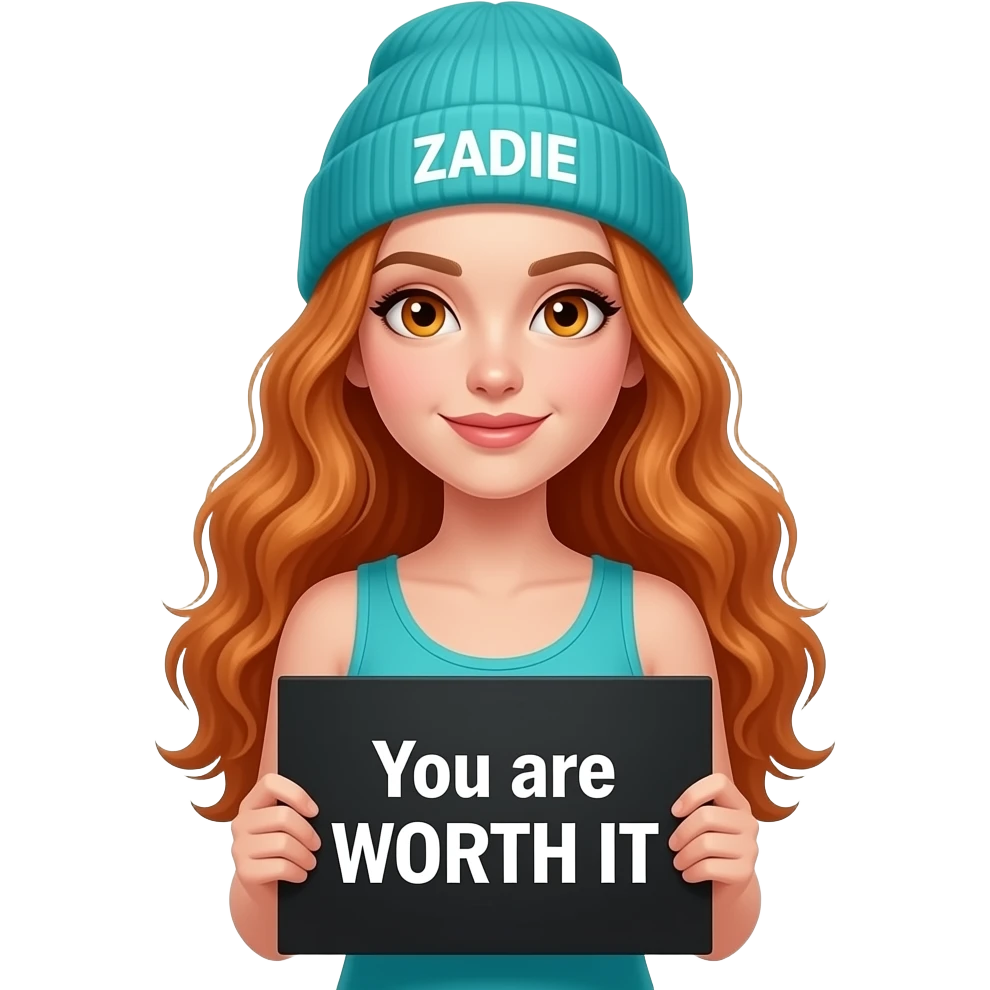 sexy girl with overlong wavy ginger hair and ginger eyes wearing a turquoise tanktop and a turquoise beanie with ZADIE written on it, is holding a black sign with You are WORTH IT written on it emoji