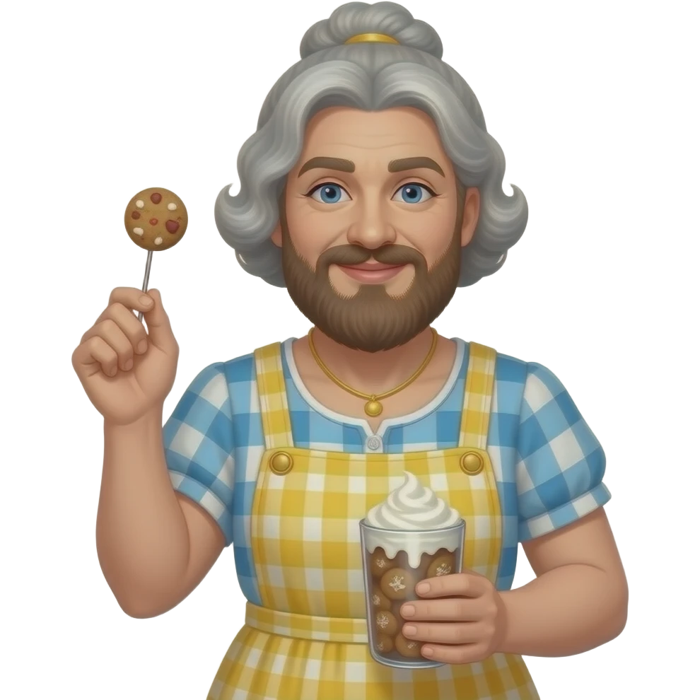 Poster "SteamWorks, celebrates Mothers Day with freshly baked cookie scent in all stalls." In a gay male drag queen as a bearded mother in a homely dress  theme. emoji