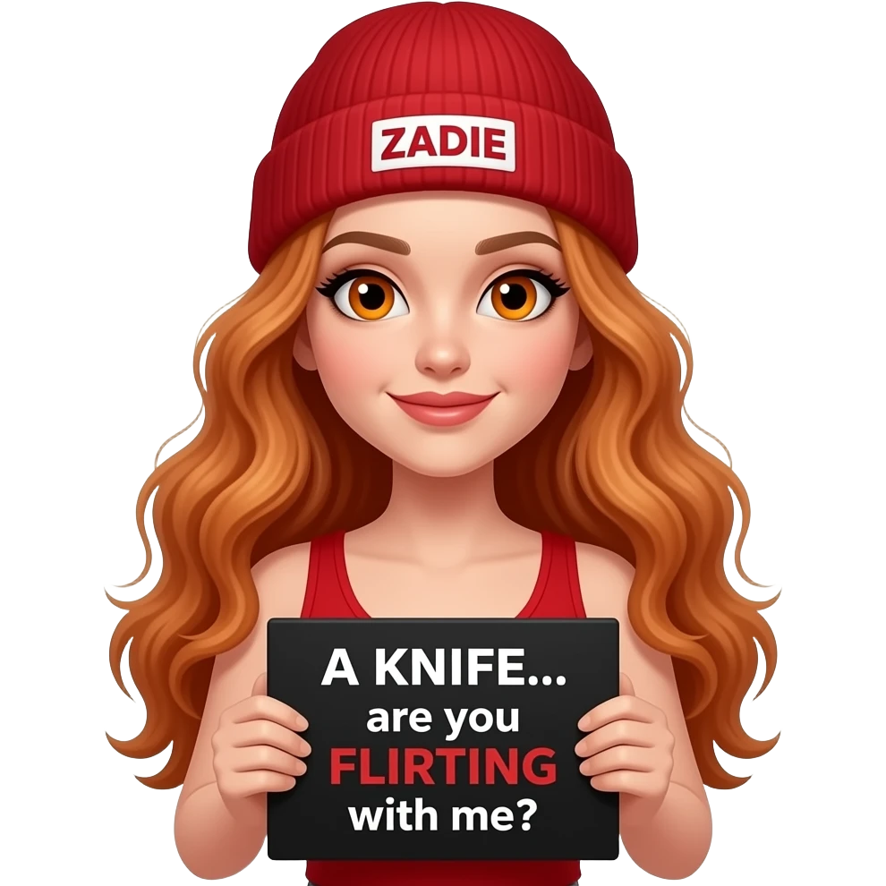 sexy girl with overlong wavy ginger hair and ginger eyes wearing a red tanktop and a red beanie with ZADIE written on it, is holding a black sign with just A KNIFE... are you FLIRTING with me? on it emoji