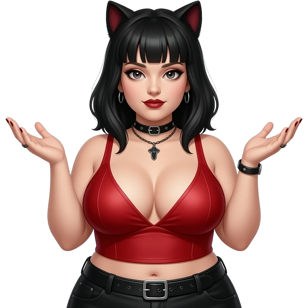 Heavyset goth woman with black hair and very large breasts Wearing a tight low cut red top with both hand palms upward emoji