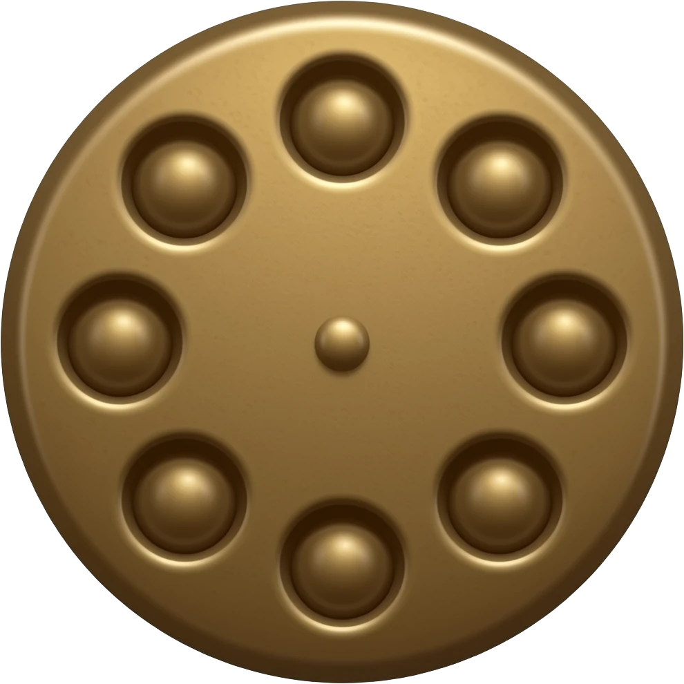 Transform the dice into polished bronze while preserving its exact rounded shape. Add a second circular dot. Subtle metallic reflections, elegant craftsmanship, slightly aged bronze details. emoji