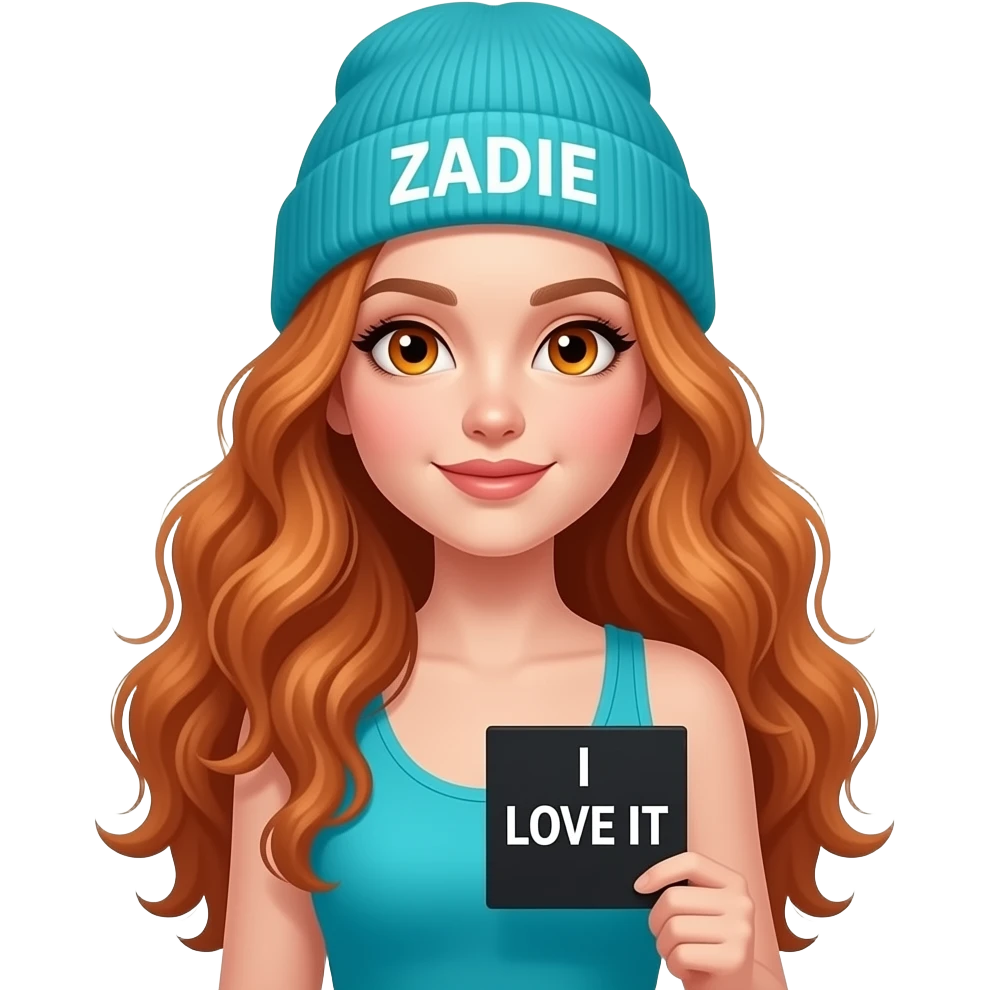 sexy girl with overlong wavy ginger hair and ginger eyes wearing a turquoise tanktop and a turquoise beanie with ZADIE written on it, is holding a black sign with I LOVE IT written on it emoji