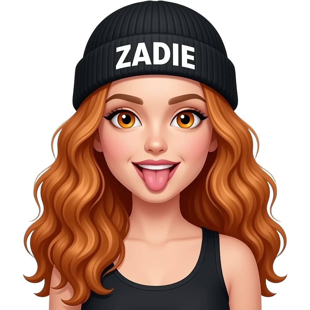 sexy girl with overlong wavy ginger hair and ginger eyes wearing a black tanktop and a black beanie with ZADIE written on it,  is sticking out her tongue emoji