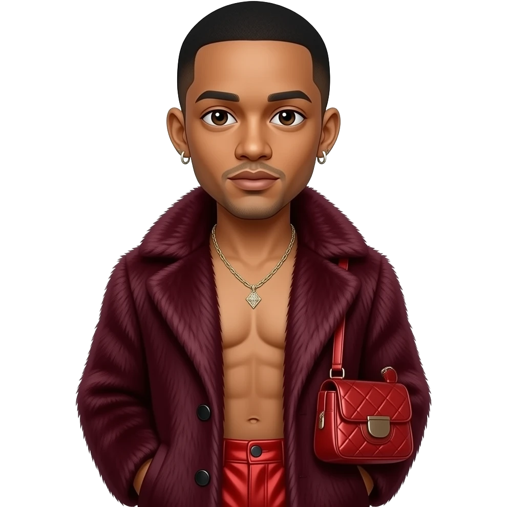 Jaden Smith with dark brown eyes, black buzz cut hair, maroon fur coat, crimson metallic baggy pants, shirtless with necklace and earrings emoji