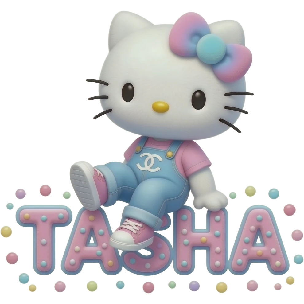 4D Velvety fur hello kitty wearing ombre white and blue and pink ombre pastel colored jeans and sneakers, and with the Chanel symbol on her ombre pastel bow sitting sideways leaning back on top of the velvety 3D outlined letters TASHA surrounded with tiny ombre pastel dots made of candy emoji