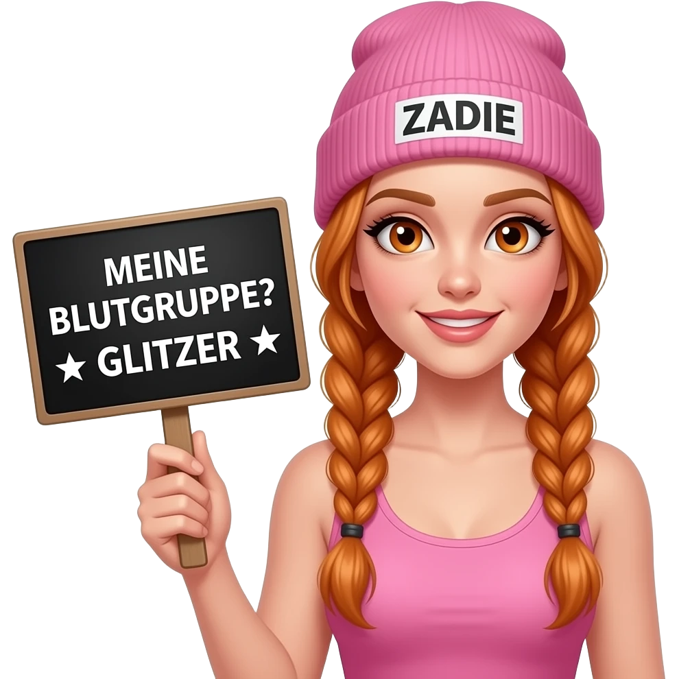 sexy girl with overlong ginger braids and ginger eyes wearing a pink tanktop and a pink beanie with ZADIE written on it, is holding a black sign with MEINE BLUTGRUPPE? ☆ GLITZER ☆  on it emoji