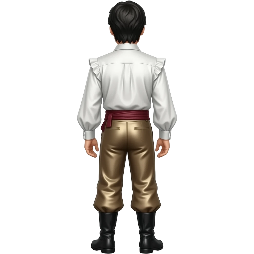 Oliver Reed from behind with black hair, white metallic ruffle shirt, maroon obi wrap belt, dark beige metallic baggy pants, black boots emoji