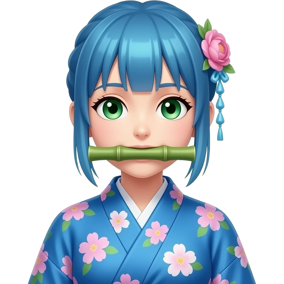 Que se parezca a Nezuco Demon Slayer pero con los ojos verdes el pelo azul y el bambú grueso en la boca el kimono azul y flores color pastel emoji