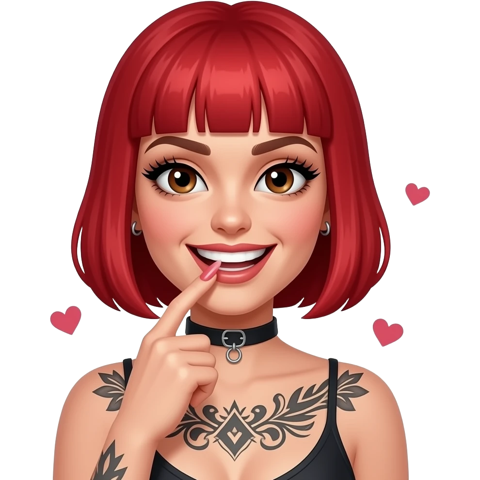 une femme, tatouage sur le torse, grand sourire cheveux rouge au carré et une frange qui se mord le doigt avec des longs ongles, des yeux marrons et des faux cils avec un regard perçant. Avec un regard coquin, rajoute des petits cœurs autour emoji