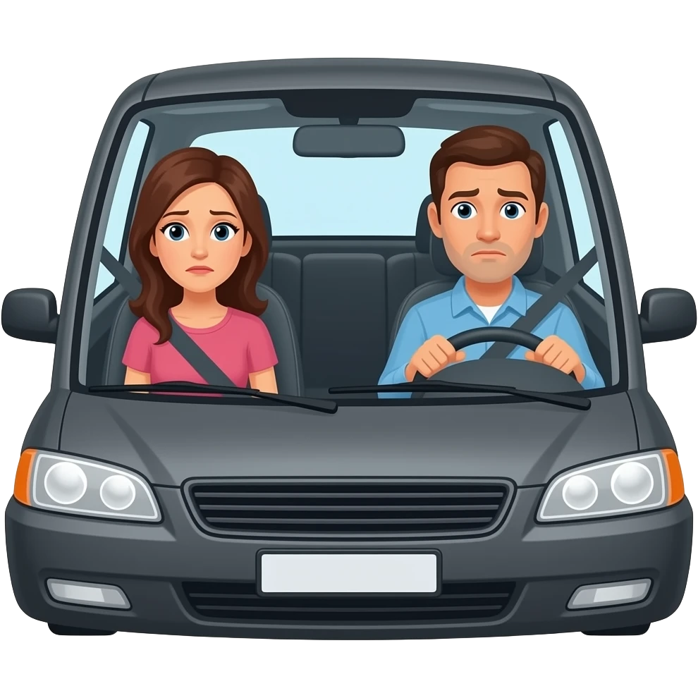 2 adults in the front seat, one driving worried, the other looking empathetic emoji