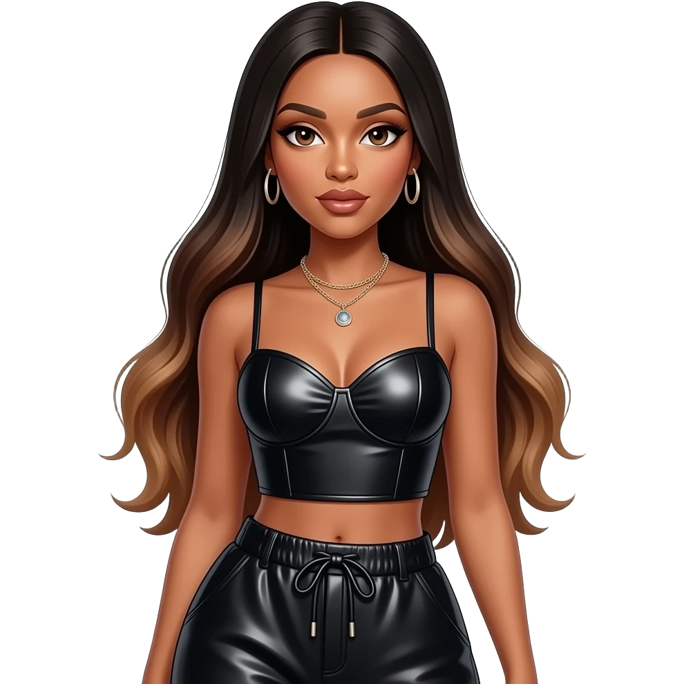 Aaliyah with brown eyes, long black straight hair with dark brown ombre, black metallic sweetheart crop top, black metallic baggy pants, necklace and earrings emoji