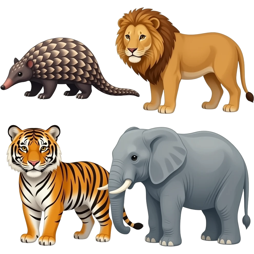 Pangolins and lion and tiger and elephants Cam your ABC's bravo animal zoom emoji