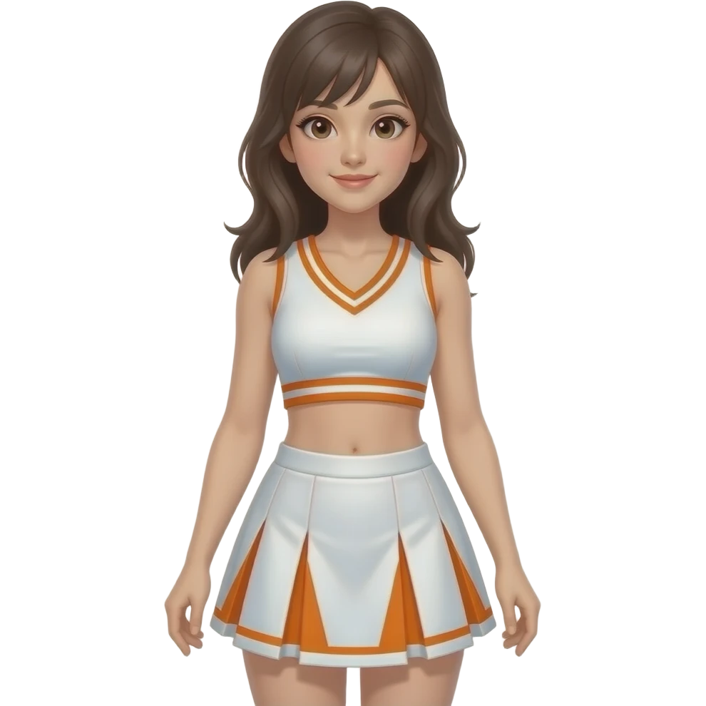 She is wearing a white cheerleader uniform with prominent orange accents. The top is a sleeveless tank style with a V-neck and  thin orange band circles the waist area. The skirt is short, pleated, and features a geometric pattern of orange triangles alternating with white sections emoji