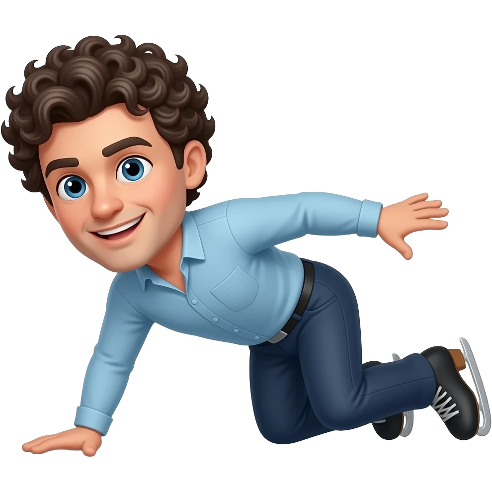 curly dark haired older male ice skating and falling down emoji