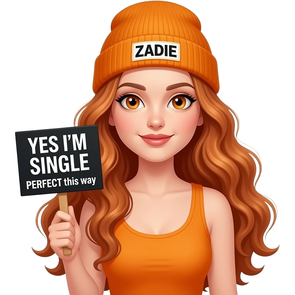 sexy girl with overlong wavy ginger hair and ginger eyes wearing a orange tanktop and a orange beanie with ZADIE written on it, is holding a black sign with YES I'M SINGLE and PERFECT this way written on it emoji