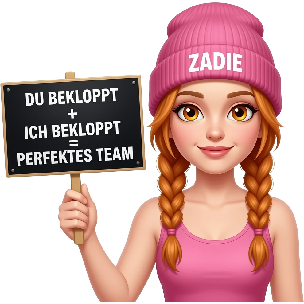 sexy girl with overlong ginger braids and ginger eyes wearing a pink tanktop and a pink beanie with ZADIE written on it, is holding a black sign with DU BEKLOPPT + ICH BEKLOPPT = PERFEKTES TEAM written on it emoji