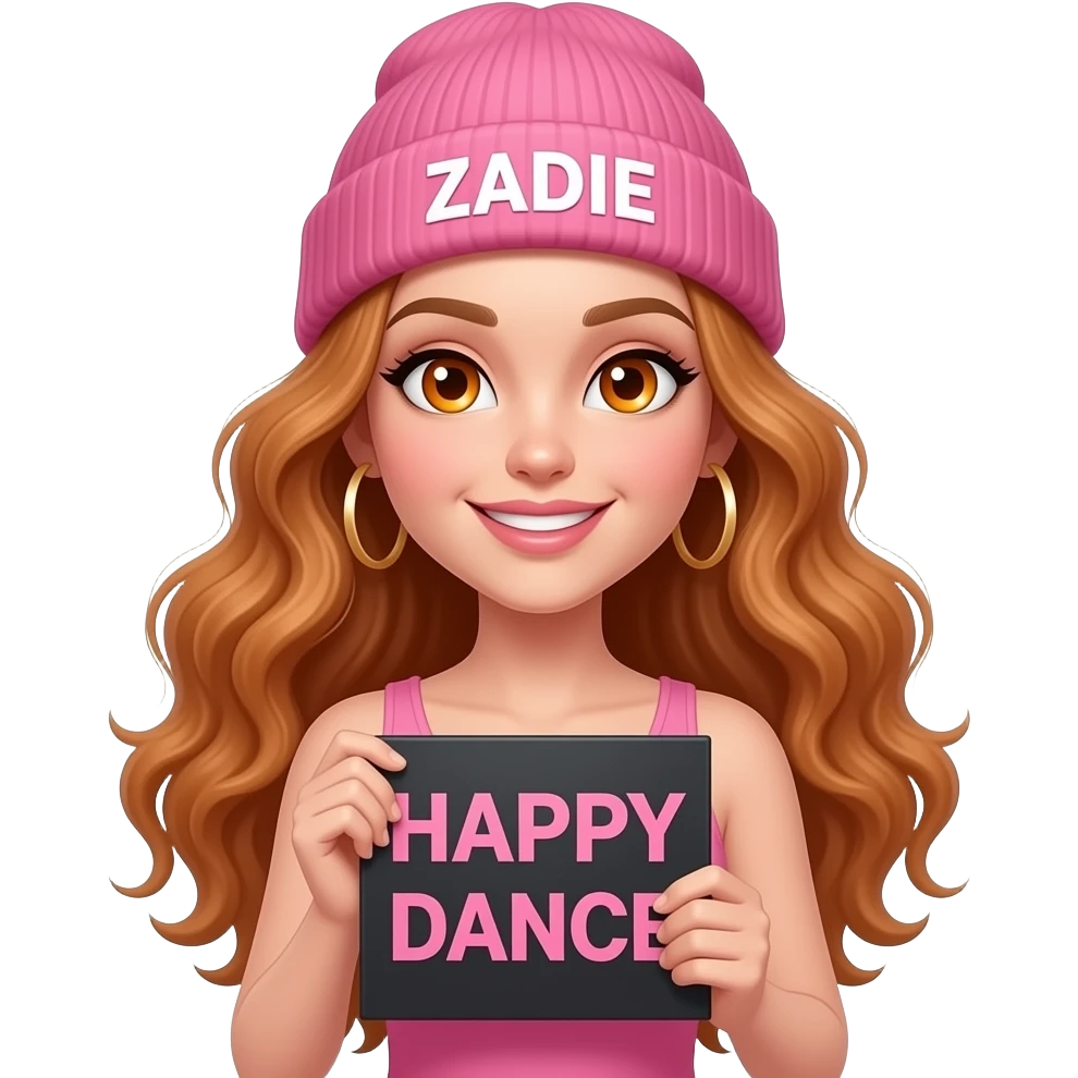 sexy girl with overlong wavy ginger hair and ginger eyes wearing a pink tanktop and a pink beanie with ZADIE written on it, is holding a black sign with HAPPY DANCE 🎵 written on it emoji