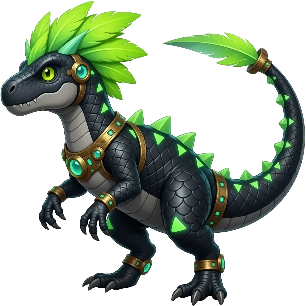 Cool edgy ancient black-scaled with neon-colored triangular stripe markings digitigrade bipedal vintage futuristic raptorik fantasy-Cyberpunk-Steampunk-Solarpunk-Genesect-Salamence-Tyranitar-Vernid-Fionbri-Fakémon-animal-hybrid, with neon-green feather-mane, and a tail blade, back spikes, full body emoji