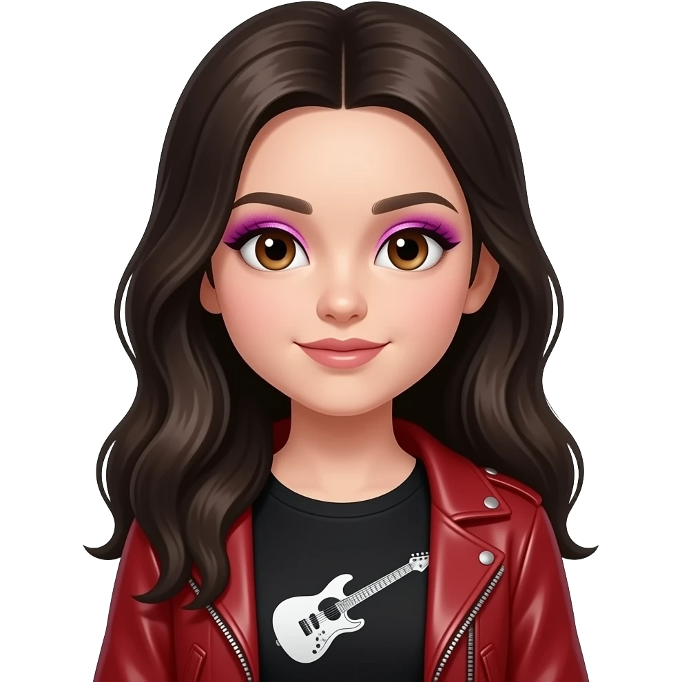 Cute face Hazelnut eyes A white girl black glittery smoky eye make up magenta, hair, long hair, black top with guitar on it and leather red sweater emoji