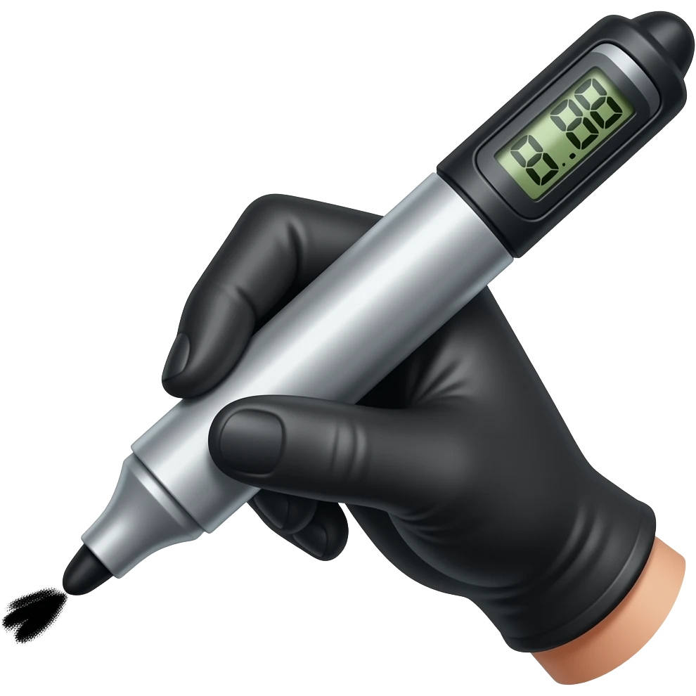 female hand in black simple glove writing with big bold metallic marker, small display timer on the marker emoji