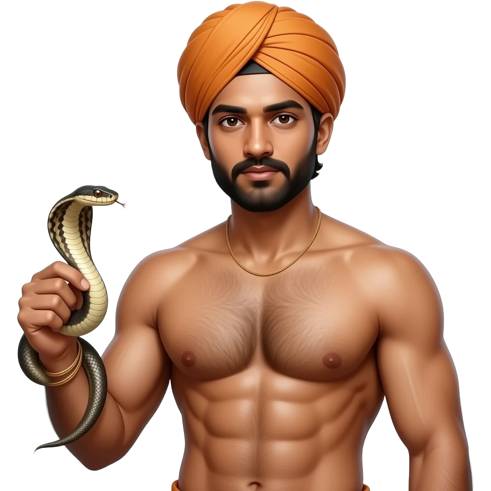 Erstelle ein Portrait von einem nackten, sexy und behaarten, Inder mit Turban …seine Haut ist glänzend, ölig und der Körper soll gut zusehen sein und er trägt eine Kobra in der Hand emoji
