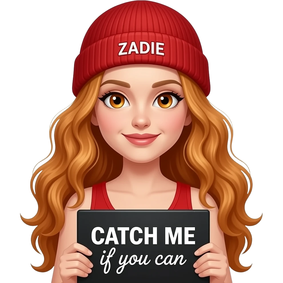 sexy girl with overlong wavy ginger hair and ginger eyes wearing a red tanktop and a red beanie with ZADIE written on it, is holding a black sign with CATCH ME if you can written on it emoji