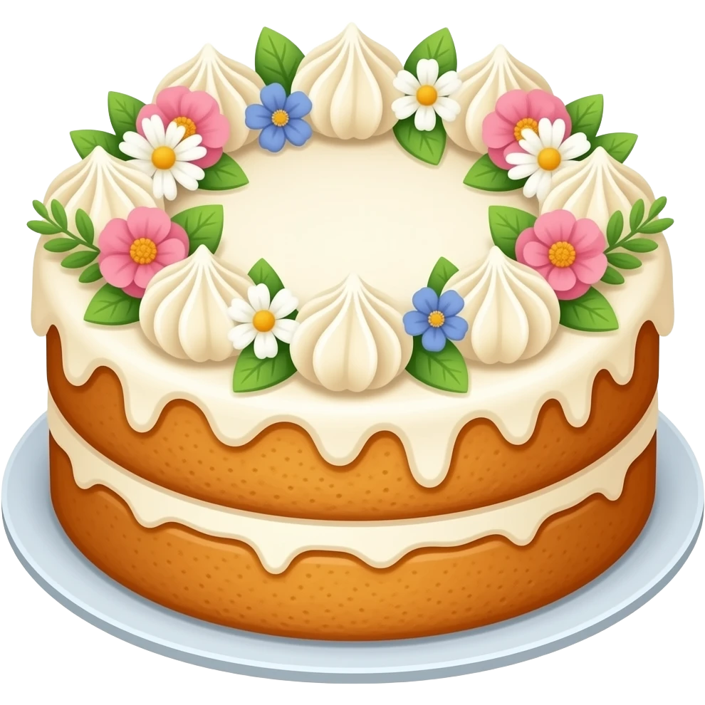 Sponge cake with buttercream with decorations in the form of flowers and buttercream emoji