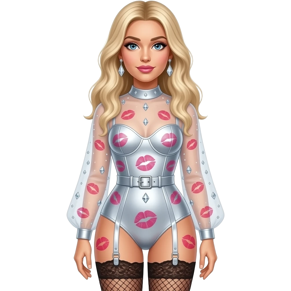 Sabrina Carpenter blonde hair  is wearing a custom  silver bodysuit with 💋 all over it adorned with shimmering crystals. She has a sheer see through overlay top. The look is elevated by matching lace-top stockings and a garter belt. Lashes and soft pink lip emoji