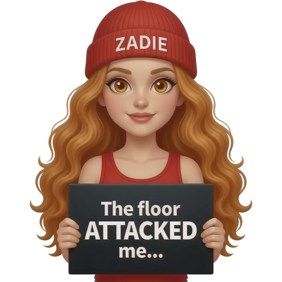 sexy girl with overlong wavy ginger hair and ginger eyes wearing a red tanktop and a red beanie with ZADIE written on it, is holding a black sign with The floor ATTACKED me... written on it emoji