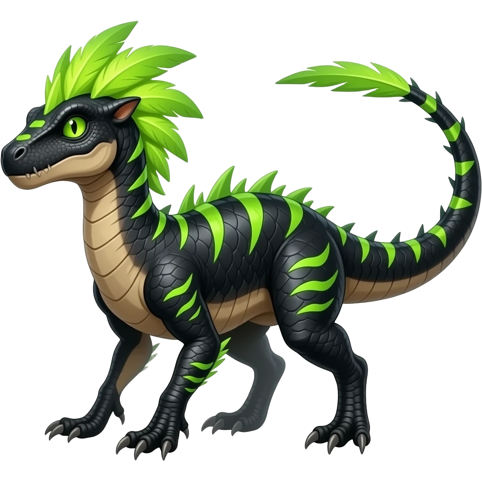 Cool edgy ancient black-scaled with neon-colored stripe markings digitigrade bipedal vintage futuristic raptorik fantasy-Cyberpunk-Steampunk-Solarpunk-Genesect-Salamence-Cyclizar-Salazzle-Feraligatr-Fakémon-animal-hybrid, with neon feather-mane, and a tail blade, back spikes, full body emoji