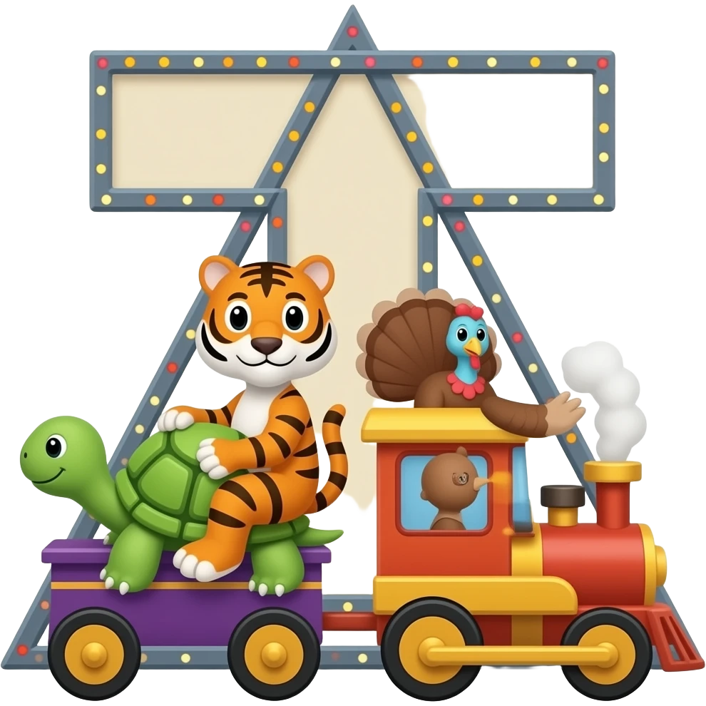 Tiger,tortoise and turkey ride the triangle train letter T emoji