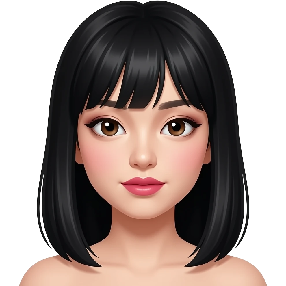 hourglass body beautiful mixed white and asian girl with smokey eyeliner + blush + long waist length straight black hair + deep brown doe eyes + big round pink red lips + light skin emoji