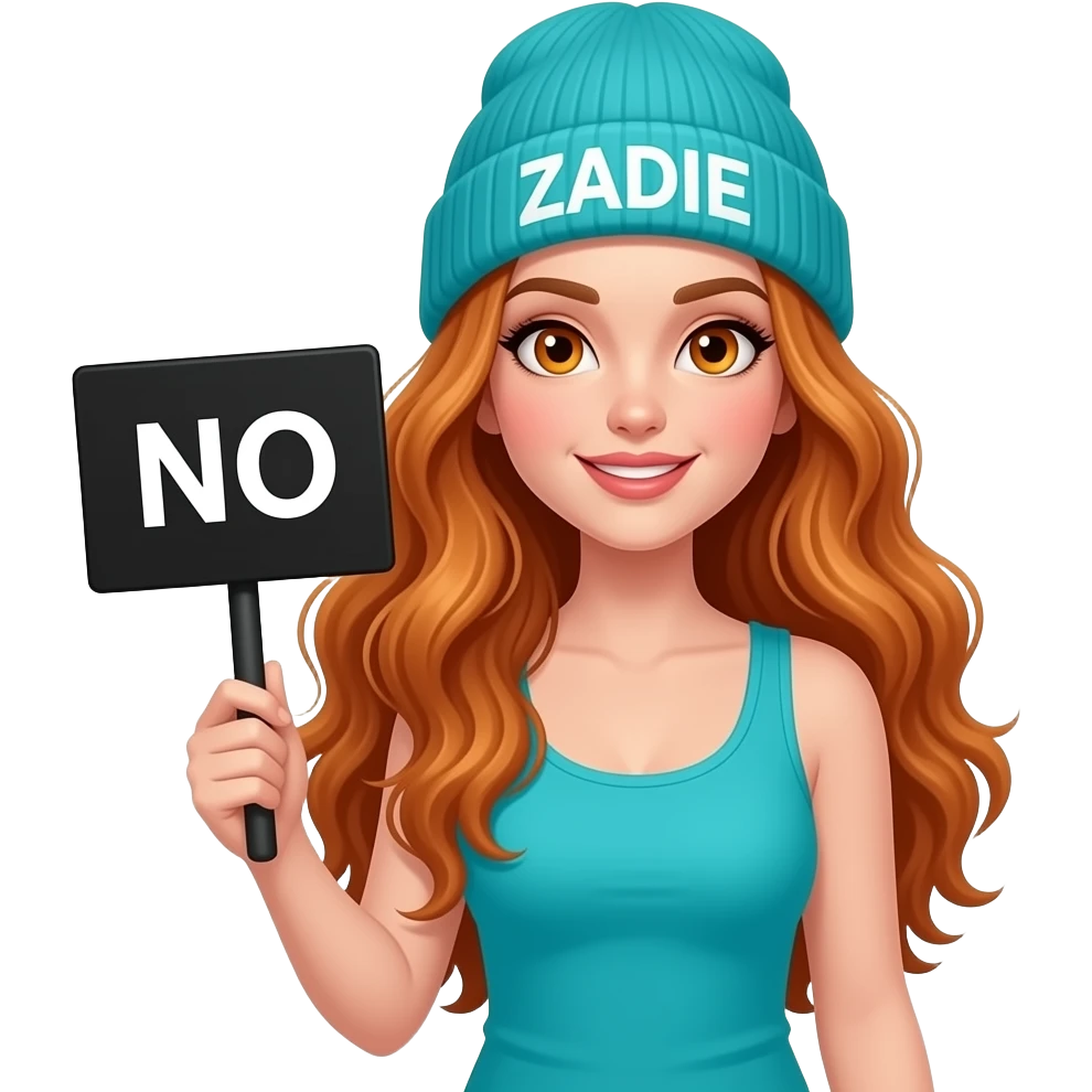 sexy girl with overlong wavy ginger hair and ginger eyes wearing a turquoise tanktop and a turquoise beanie with ZADIE written on it, is holding a black sign with NO written on it emoji
