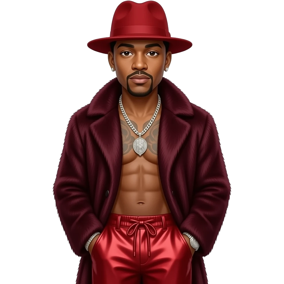 LL Cool J with dark brown eyes, red hat, burgundy fur coat, crimson metallic baggy pants, shirtless with necklace and earrings emoji