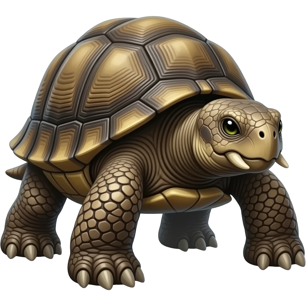 Enormous prehistoric turtle with Rough, spiked shell, Elephant-like legs with claws, Beaked mouth, Ability to retract limbs into its shell, with glowing eyes and tusk-like fangs, emoji