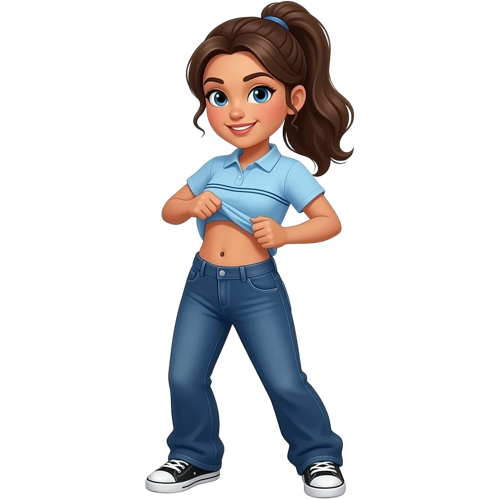 Hispanic girl with brown ponytail and blue eyes light blue dark blue lined polo and dark blue baggy jeans and belly button and black and white sneakers lifting her shirt funny belly trick emoji