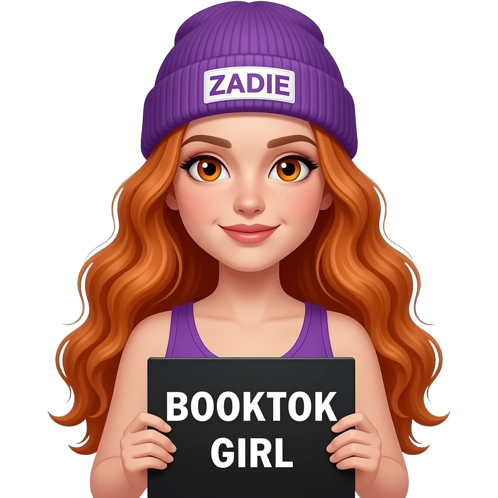 sexy girl with overlong wavy ginger hair and ginger eyes wearing a purple tanktop and a purple beanie with ZADIE written on it, is holding a black sign with BOOKTOK GIRL written on it emoji