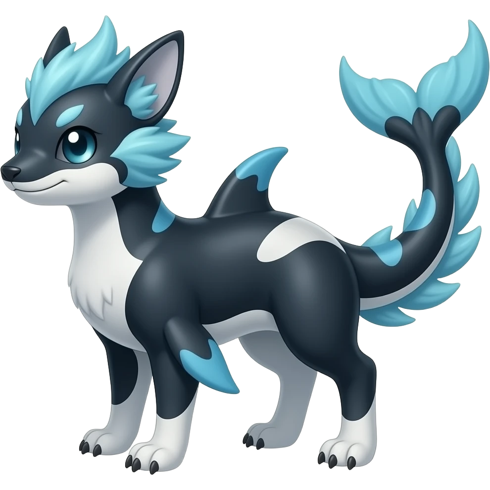 Quadrupedal digitigrade shiny glossy smooth finned frilled gothic tall slim unique epic legendary shiny edgy cool steampunk-cyberpunk-solarpunk-fantasy-Absol-Sprigatito-Vaporeon-Furret-Manectric-Mudkip-Fakémon-hybrid with an orca tail emoji