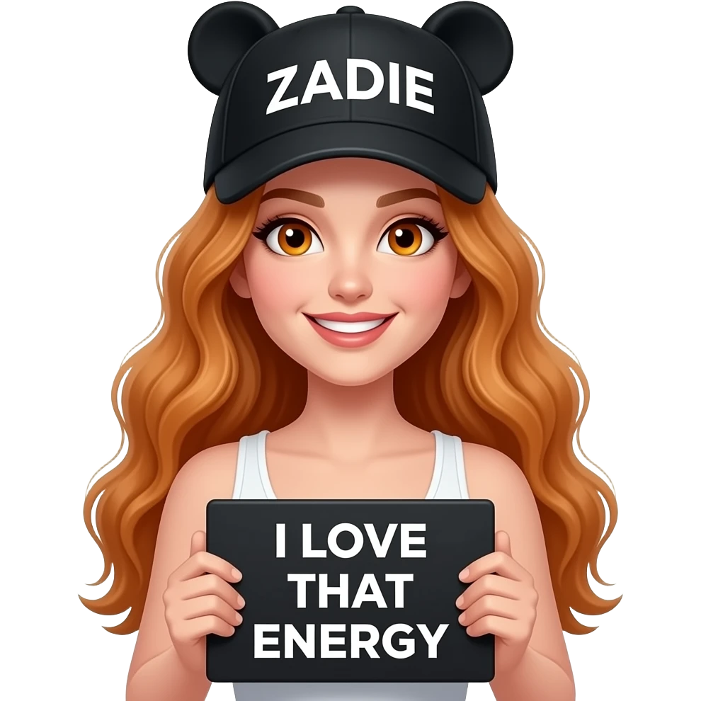 sexy girl with overlong wavy ginger hair and ginger eyes wearing a white tanktop and a black hat with ears with ZADIE written on it is holding a black sign with I LOVE THAT ENERGY on it emoji